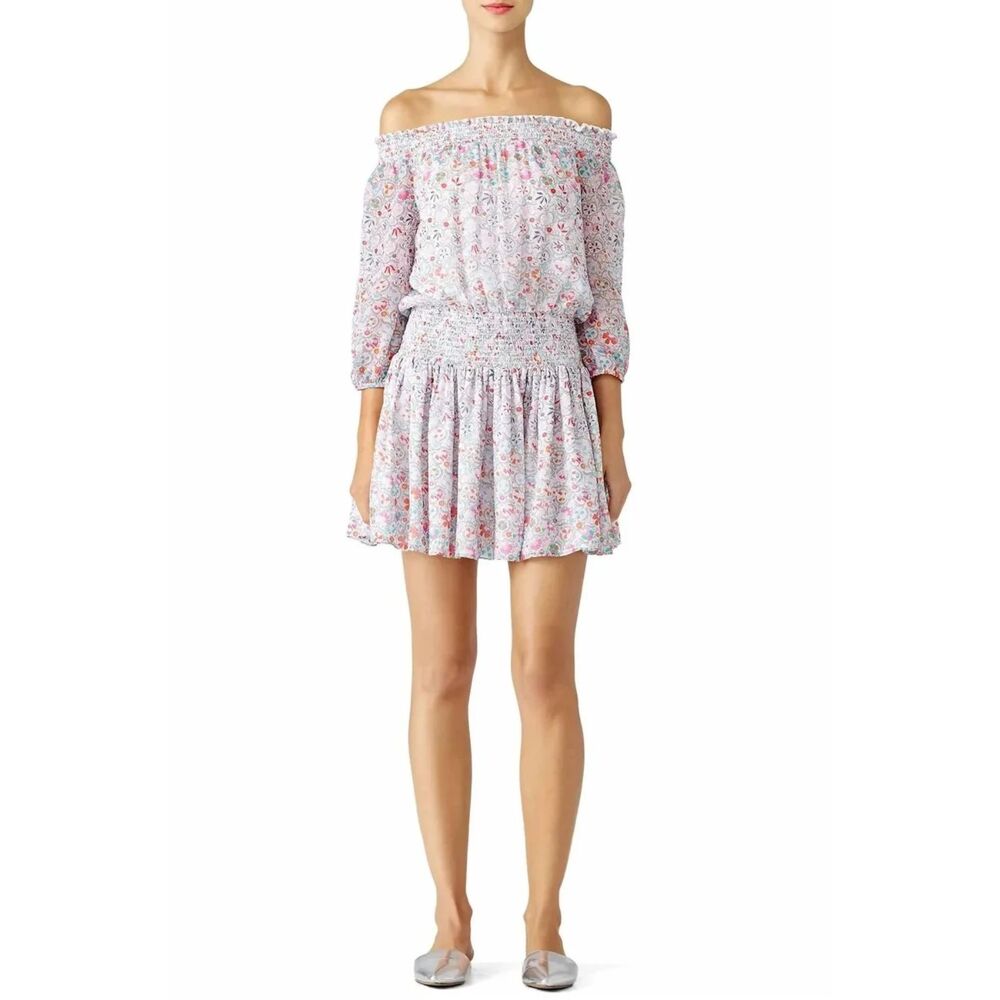 Shoshanna Rita Mini Dress Off Shoulder Floral 3/4 Sleeve Smocked Pink Size 8